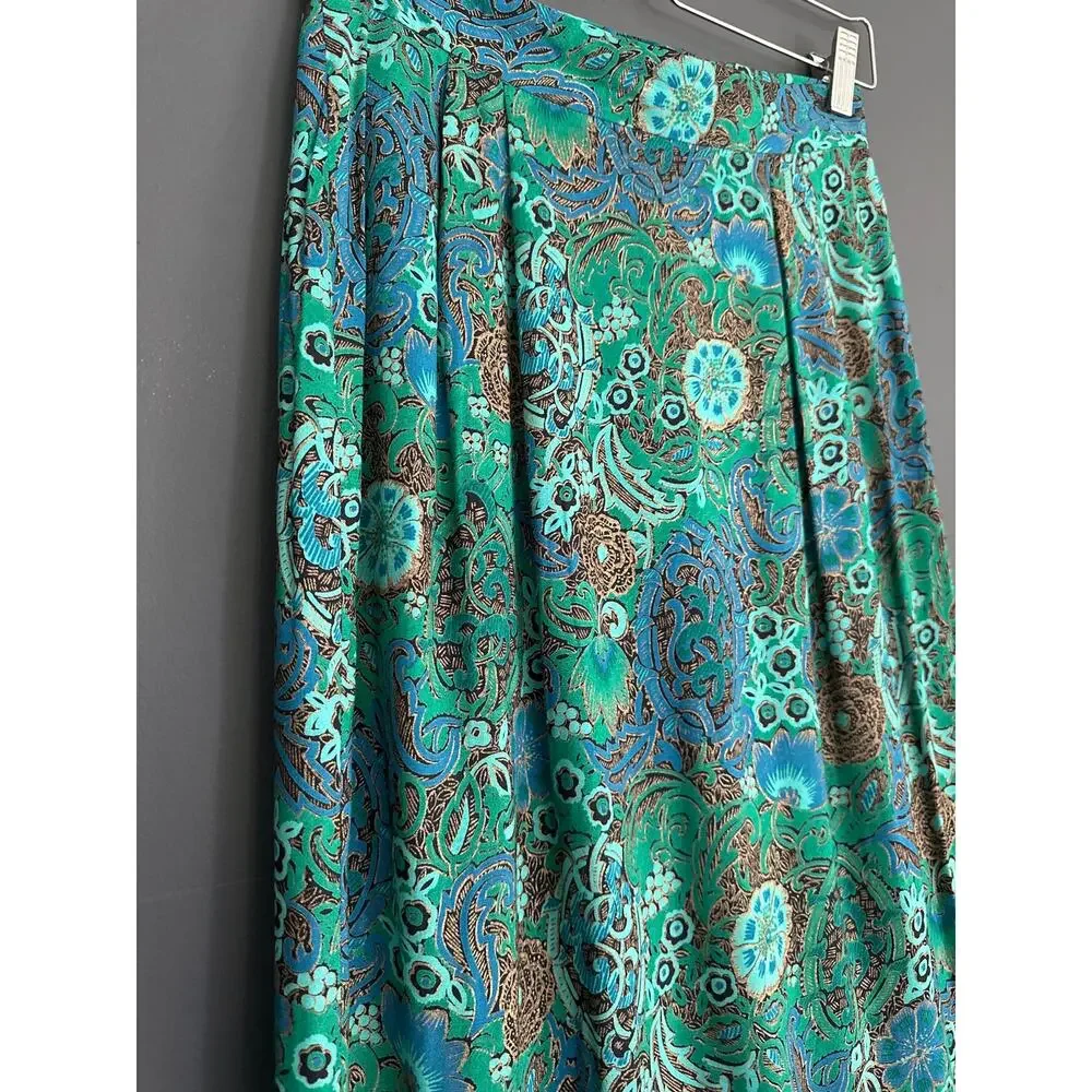 Vintage Kathryn Conover Union Made Green Paisley Straight Midi Skirt Size XXS